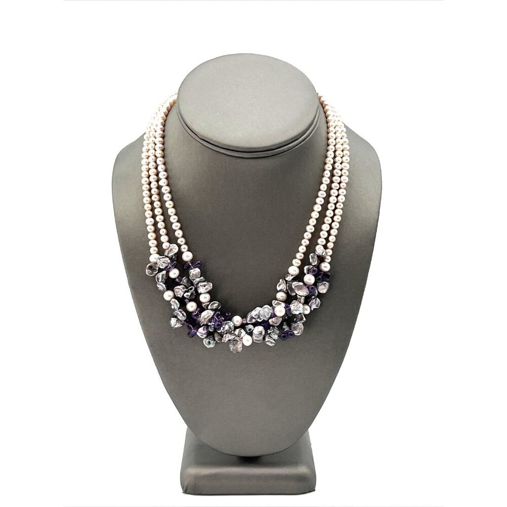 14k Pink Freshwater Cultured Pearl Triple Strand Beaded Necklace 18"